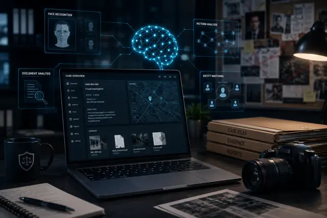 AI-assisted investigation workspace with case dashboard, pattern analysis, and evidence files