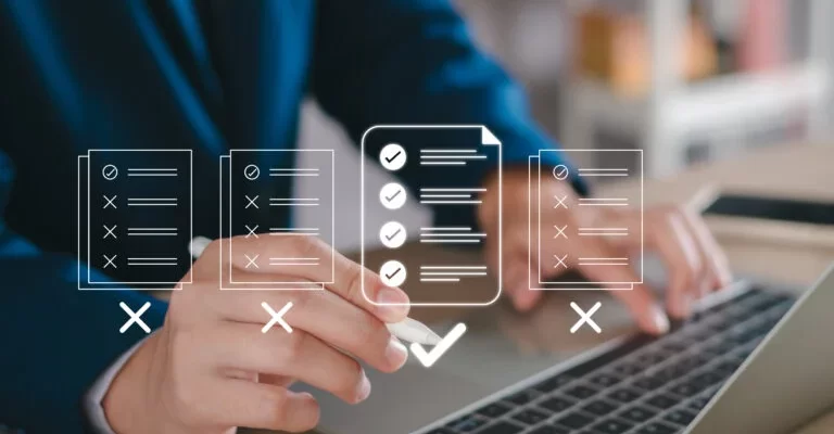 Investigator reviewing digital case management checklists on a laptop