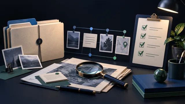 Investigation folders, evidence cards, and a checklist arranged on a dark navy desk