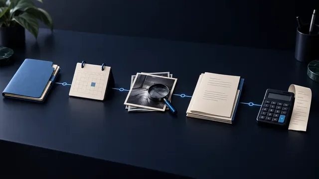 Conceptual illustration of connected investigation intake, scheduling, evidence, reporting, and billing on a desk