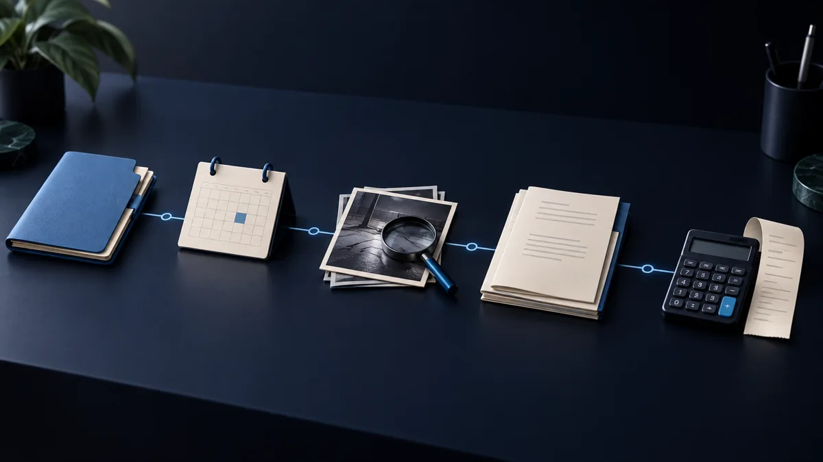 Conceptual illustration of connected investigation intake, scheduling, evidence, reporting, and billing on a desk