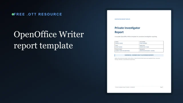 OpenOffice Writer private investigator report template with a formatted report cover preview
