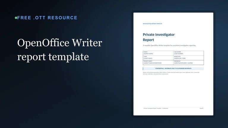 OpenOffice Writer private investigator report template with a formatted report cover preview