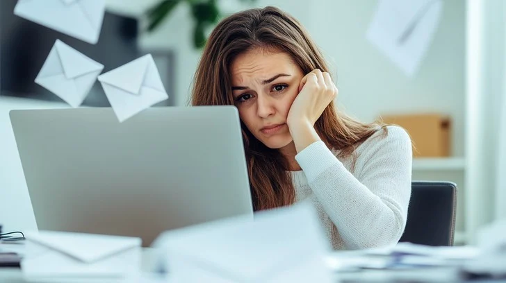 Overwhelmed office worker managing administrative workload on a laptop