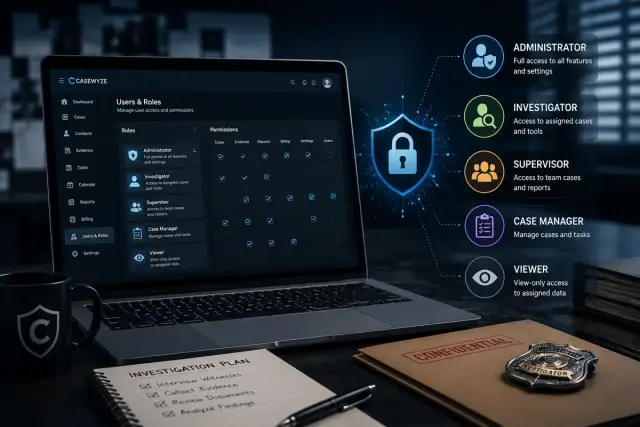 Investigation software users and roles permissions dashboard with secure access controls