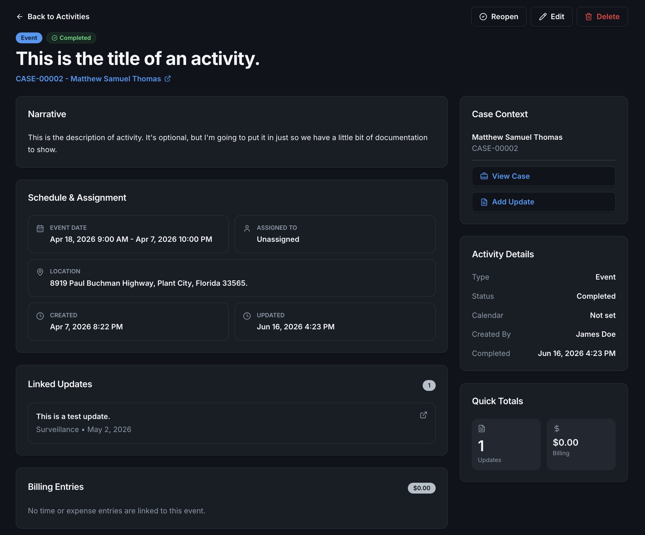 Casewyze activity detail screen with completed status, narrative, schedule, assignment, location, linked updates, billing entries, and quick totals