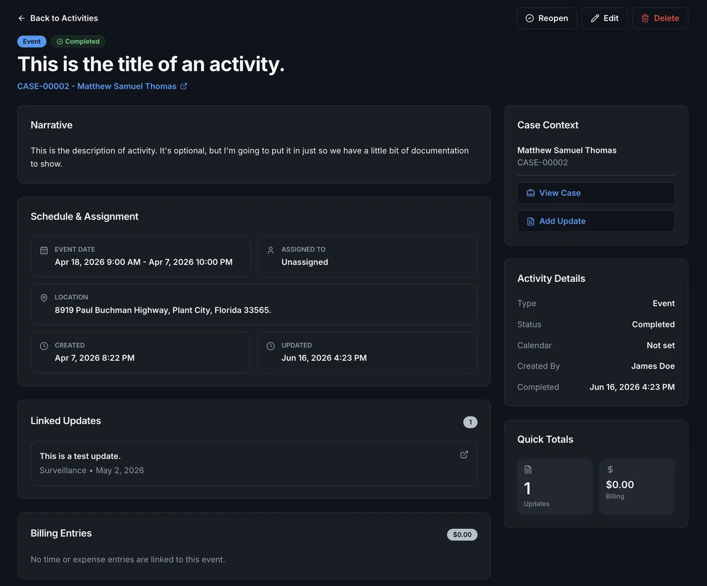 Casewyze case activity detail screen with linked updates, billing records, assignment, and case context