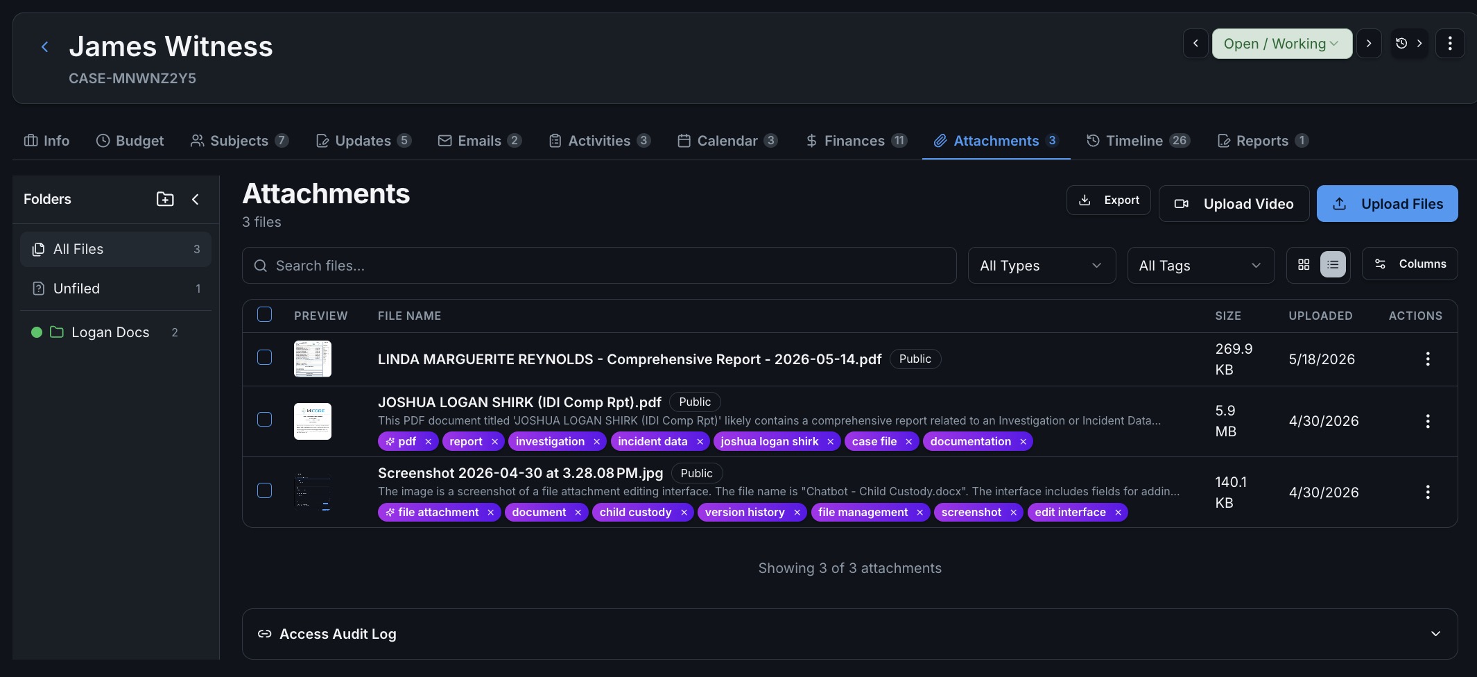Casewyze attachments screen with evidence folders, PDF previews, file tags, uploaded dates, and export controls