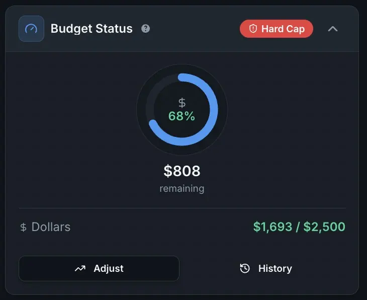 Casewyze budget status card showing hard cap, budget percentage, remaining dollars, and adjustment controls