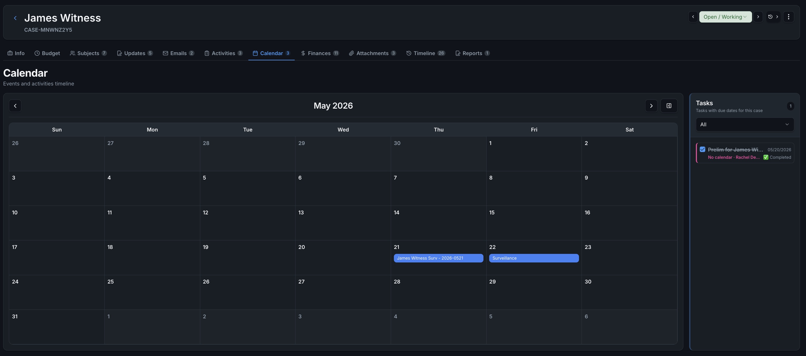Casewyze case calendar screen with a May 2026 month view, scheduled surveillance bars, and tasks sidebar