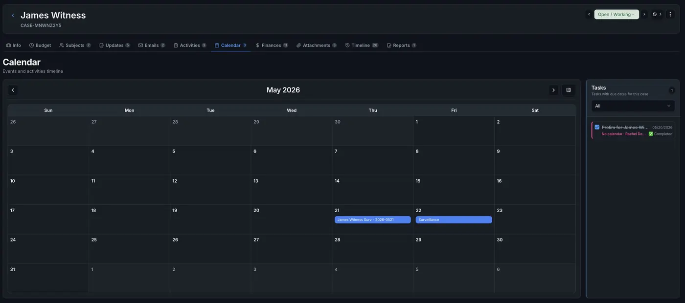 Casewyze case calendar with month view, scheduled surveillance, and task sidebar