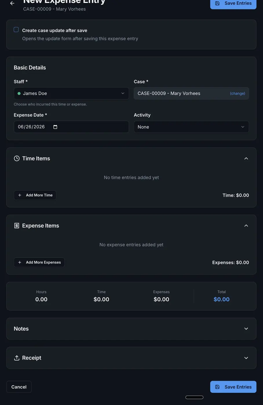 Casewyze expense entry form for staff, case, activity, time, expense items, notes, and receipts