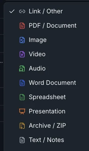 Casewyze file category menu listing link, PDF, image, video, audio, word document, spreadsheet, presentation, archive, and text options