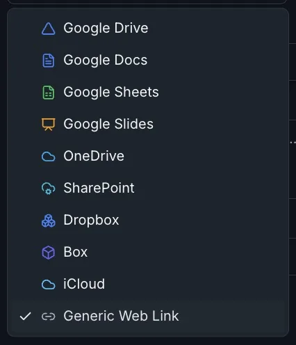 Casewyze provider menu listing Google Drive, Google Docs, Google Sheets, Google Slides, OneDrive, SharePoint, Dropbox, Box, iCloud, and generic web link