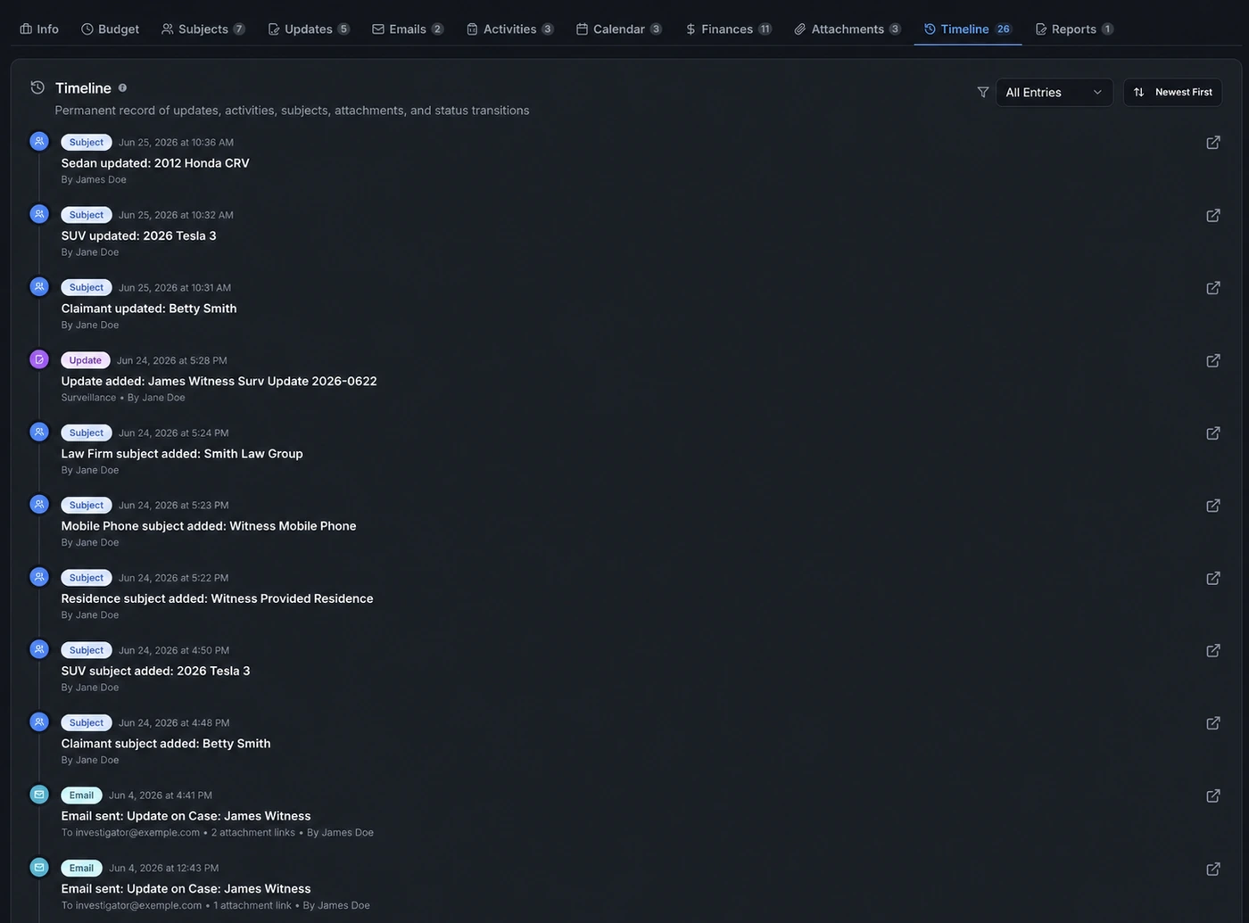 Casewyze case timeline showing staff-authored updates, subject records, emails, activities, and status changes