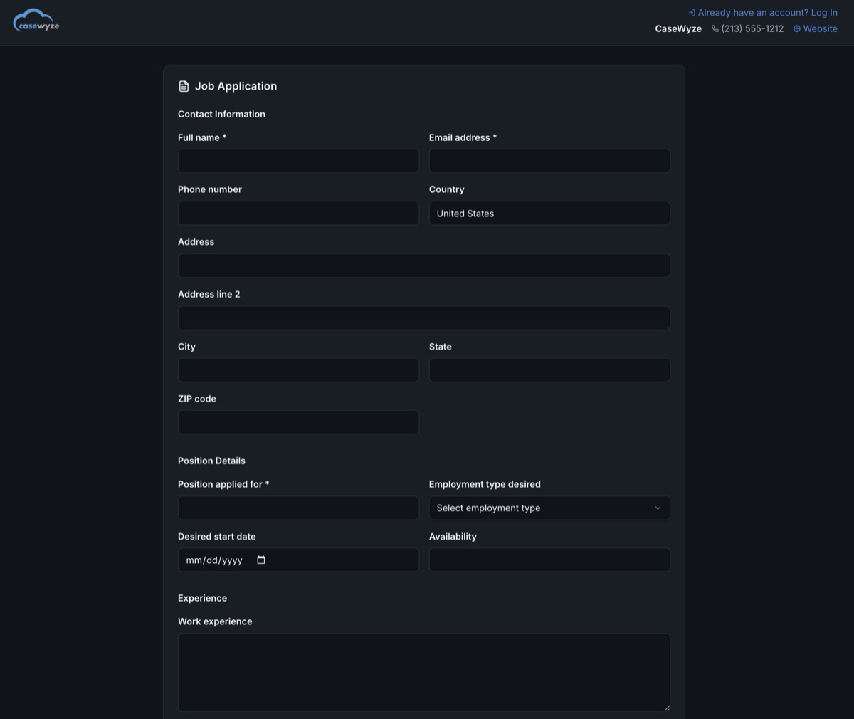 Public Casewyze job application form with contact information, position details, availability, and work experience fields