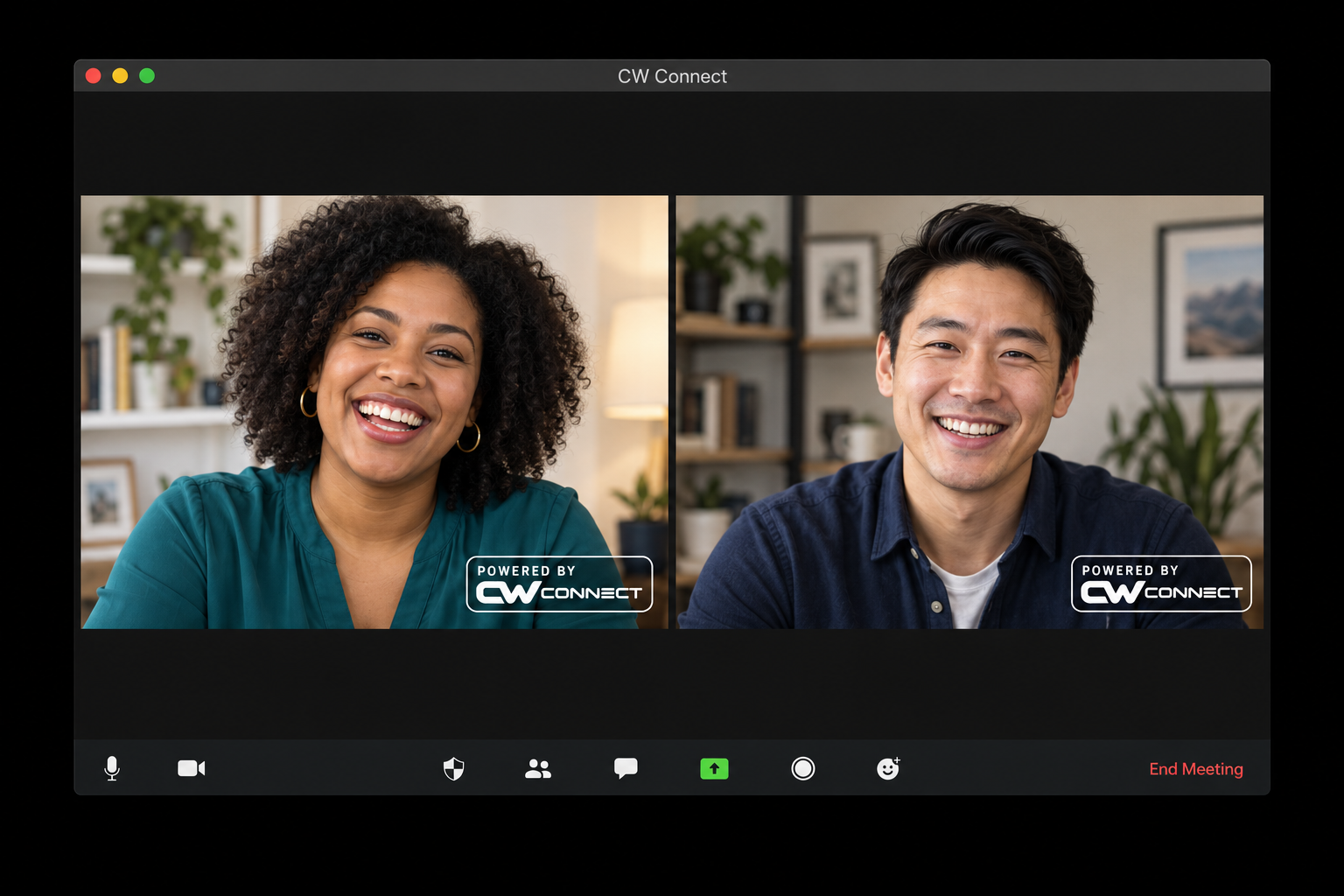 Illustration of a two-person CW Connect video call with meeting controls and CW Connect branding.